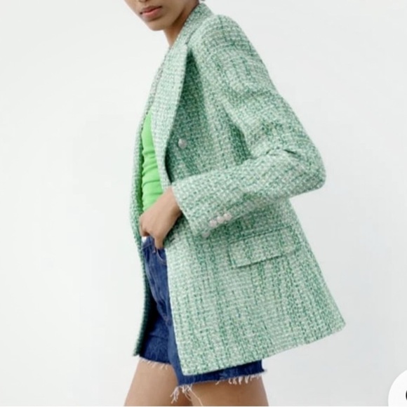 Zara Jackets & Blazers - ZARA Women Green & BlueTextured Weave Double Breasted Blazer, Womens size Small